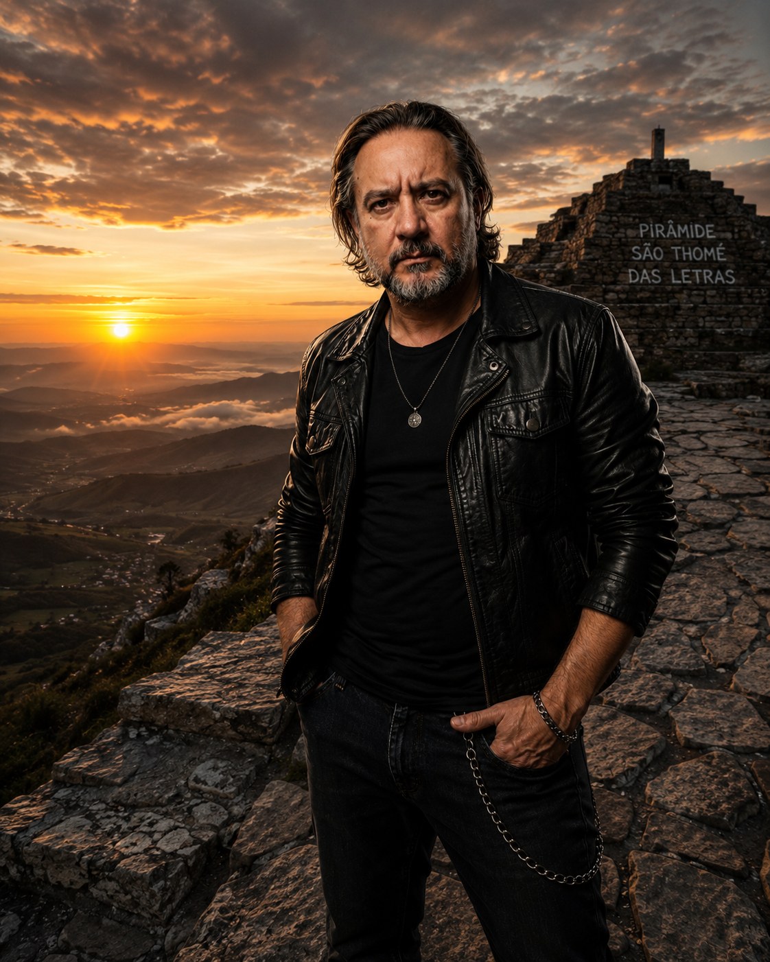 Vocalista da Mentes Barulhentas na Pirâmide de São Thomé das Letras ao pôr do sol