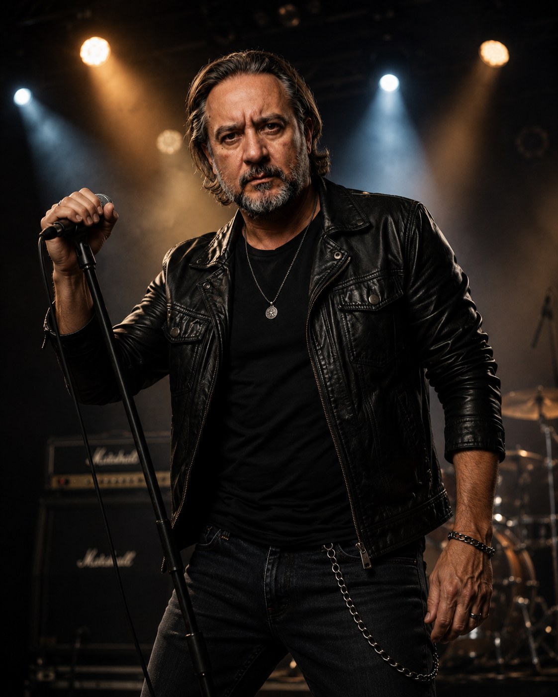 Vocalista da Mentes Barulhentas se apresentando ao vivo, microfone em punho, amplificador Marshall ao fundo